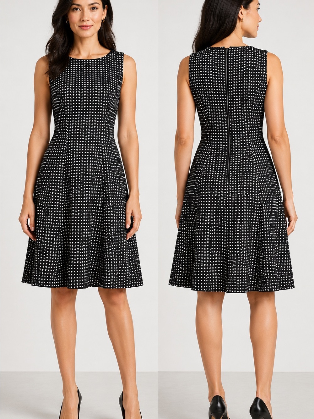 Calvin Klein Sleeveless Fit & Flare‎ Dress Black White Geometric Print 8P